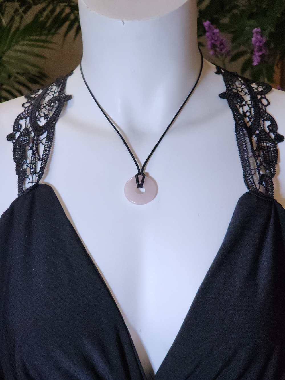 Rose Quartz Donut Pendant Necklace on Black Cord